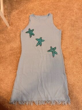 Light Blue Tank Dress with Sequin Starfish Motifs